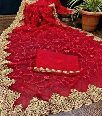 FINERFLY Embroidered Bollywood Net Saree(Red)