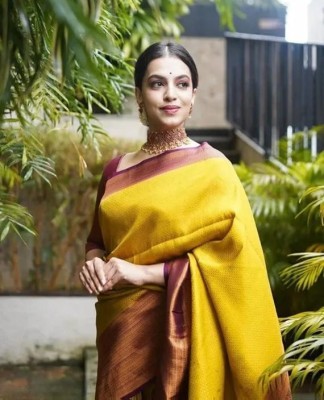 bhimani Woven Mysore Jacquard, Pure Silk Saree(Yellow)