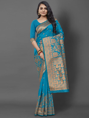 Sareemall Woven Banarasi Silk Blend Saree(Blue)