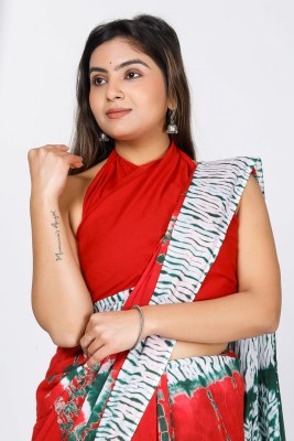 Craftmusium Printed, Color Block, Blocked Printed, Floral Print, Dyed Daily Wear Pure Cotton Saree(Red)