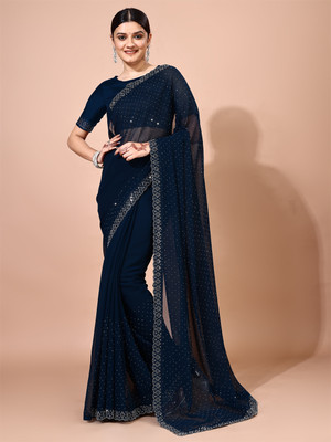 Divastri Embellished Bollywood Chiffon Saree(Dark Blue)