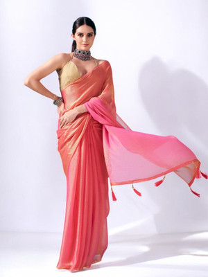 NIRMOHIFASHION Solid/Plain Bollywood Chiffon, Silk Blend Saree(Pink, Gold)