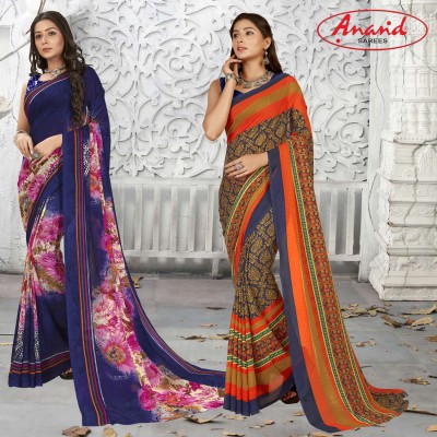 Anand Sarees Floral Print Daily Wear Georgette Saree(Pack of 2, Blue, Pink, Multicolor)