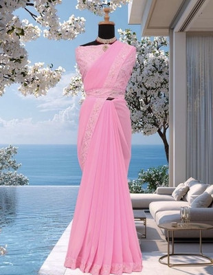 Aplihub Self Design Baluchari Georgette Saree(Pink)