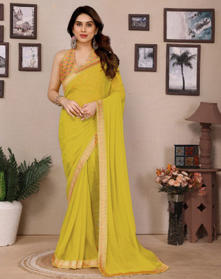 SIRIL Embellished, Solid/Plain Bollywood Georgette Saree(Yellow)