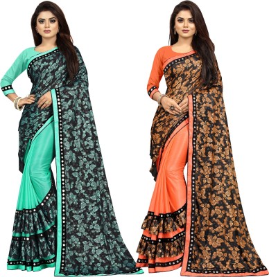 DECOFIN Embellished Bollywood Lycra Blend Saree(Pack of 2, Light Blue, Orange)