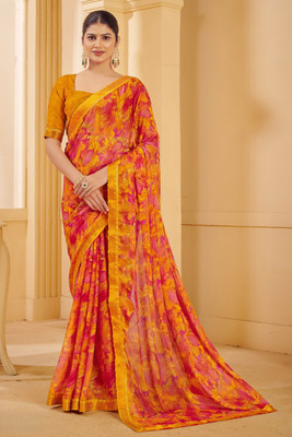 SainiVastra Floral Print Bollywood Chiffon Saree(Mustard)