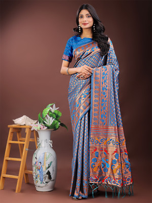 ASTITA Woven Saree with Attached Blouse Silk Blend Saree(Blue)
