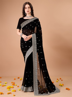 Divastri Embroidered, Embellished, Woven Bollywood Georgette Saree(Black)