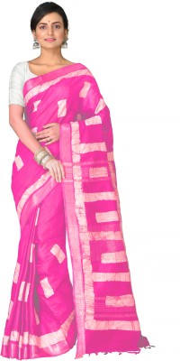 crochetin Printed Handloom Cotton Linen Saree(Pink, White)