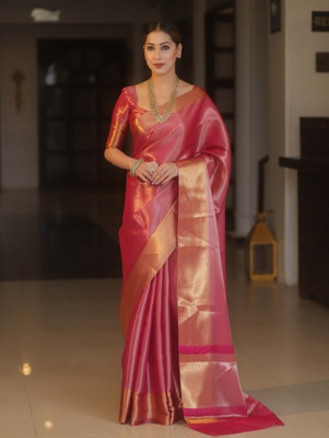 SEVAK SAREES Solid/Plain, Embellished Banarasi Tissue Saree(Pink, Gold)