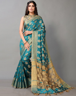 Samah Embellished, Woven, Self Design Banarasi Cotton Silk Saree(Green)