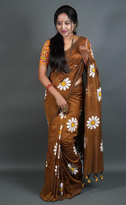 SAYAN CREATION Floral Print Handloom Pure Cotton Saree(Brown)