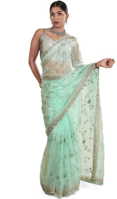AAKARSHAN SAREES Embroidered, Woven, Floral Print Bollywood Tissue Saree(Light Green)