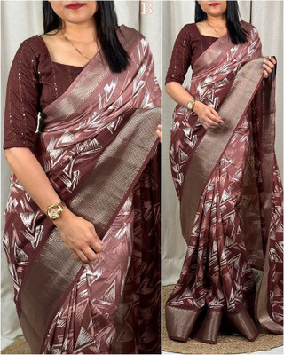 Dhanlaxmi CreationLLP Geometric Print Bollywood Handloom Cotton Silk, Crepe Saree(Brown)