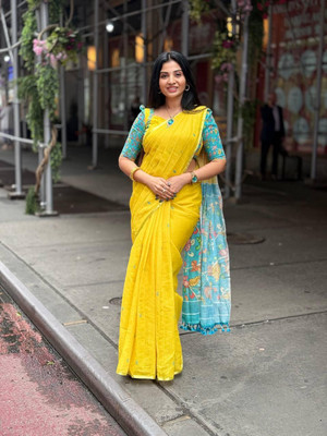 LAXMIPATI FASHION HUB Printed Saree with Attached Blouse Cotton Linen Saree(Yellow)