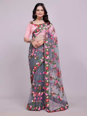 ORGOSCOPIO Embroidered, Embellished Bollywood Net Saree(Grey)