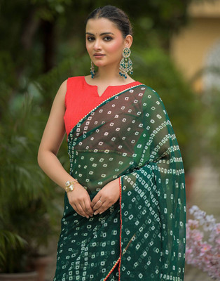 Samah Printed Bandhani Georgette, Chiffon Saree(Dark Green)