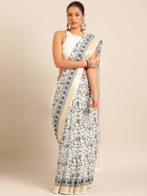Taavi Blocked Printed Kalamkari Cotton Blend Saree(Beige)