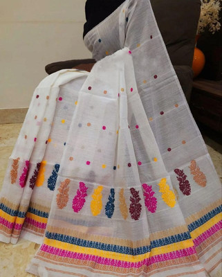 white desert Self Design Mekhela Chador Cotton Silk Saree(White)