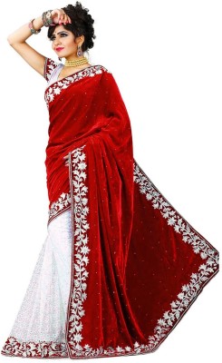 3Buddy Fashion Embellished, Solid/Plain Bollywood Velvet Saree(Red)