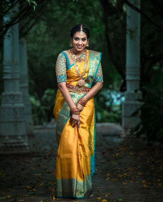 Rudr Ventures Embroidered Banarasi Silk Blend Saree(Yellow)