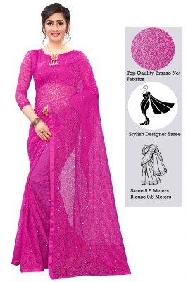 VANRAJ CREATION Self Design Bollywood Net, Brasso Saree(Pink)