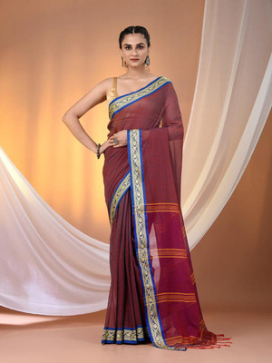 Rnn Saree Embroidered Handloom Pure Cotton Saree(Maroon)