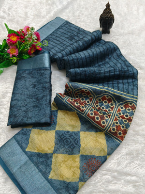 HouseOfCommon Woven Kanjivaram Pure Cotton, Cotton Linen Saree(Blue)