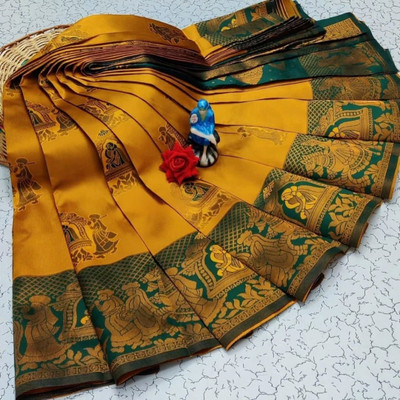 STITCH N SOLUS Woven Banarasi Silk Blend, Pure Silk Saree(Mustard, Dark Green)