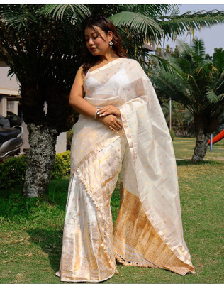 VEPEX Self Design Mekhela Chador Silk Blend Saree(White)