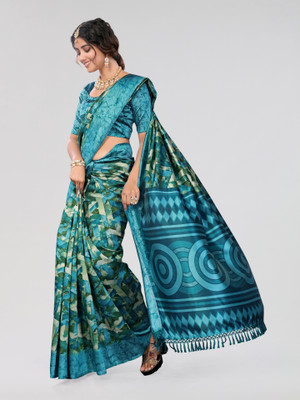 Nirvaan Printed Mysore Art Silk Saree(Blue)