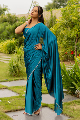 SUBHAM Solid/Plain Bollywood Silk Blend Saree(Light Blue)