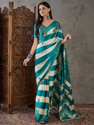 HouseOfCommon Paisley, Floral Print, Geometric Print, Digital Print Bollywood Silk Blend Saree(Green, Cream)