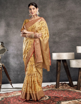 Satrani Woven, Embellished, Self Design Patola Silk Blend Saree(Yellow, Gold, Red)