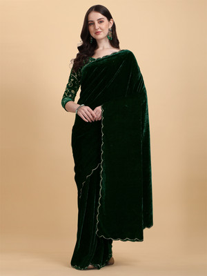 Nepyun Collection Self Design, Embroidered, Solid/Plain Bollywood Velvet Saree(Green)