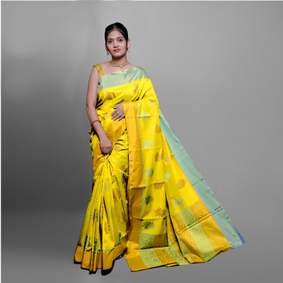 Spewim Woven Banarasi Cotton Silk Saree(Yellow)