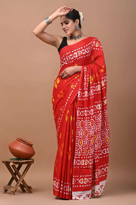 INDIAN DRAPING COMPANY Printed Daily Wear Pure Cotton Saree(Orange)