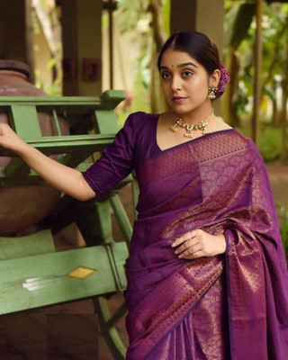 KRIYANSH Printed, Self Design, Striped, Woven, Temple Border, Embellished, Applique Kanjivaram Art Silk, Jacquard Saree(Purple)