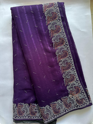 ABSilk Striped, Self Design, Embellished Assam Silk Georgette Saree(Purple)