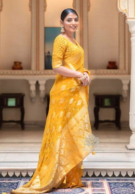 Madhav Creation Woven Banarasi Art Silk Saree(Gold)