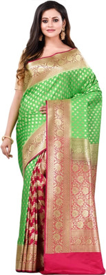 Krishneshwari Self Design Banarasi Pure Silk Saree(Green, Pink)