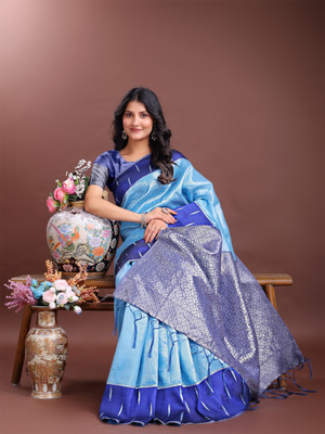 Tasrika Self Design Banarasi Cotton Silk Saree(Blue)