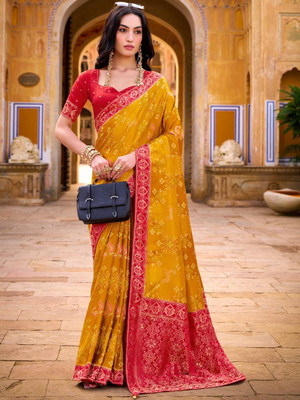HERE&NOW Embellished Banarasi Silk Blend Saree(Yellow)