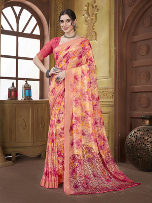 Vichitra Floral Print Bollywood Georgette Saree(Red)