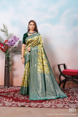 Yogik Creation Digital Print Kanjivaram Art Silk Saree(Yellow, Green)