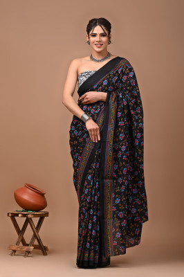 VIBEBAZAAR Blocked Printed, Floral Print, Printed Handloom Handloom Cotton Blend Saree(Black)