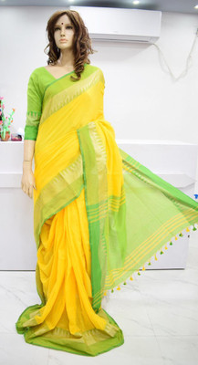 BiswasTextiles Self Design Handloom Cotton Blend Saree(Light Green)