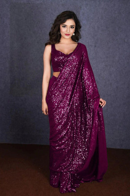 SANSKAR TEXTILE Embroidered, Embellished Bollywood Georgette Saree(Purple)