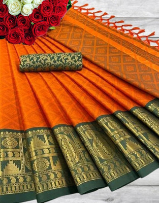Izlyn Woven Pochampally Cotton Silk Saree(Orange)